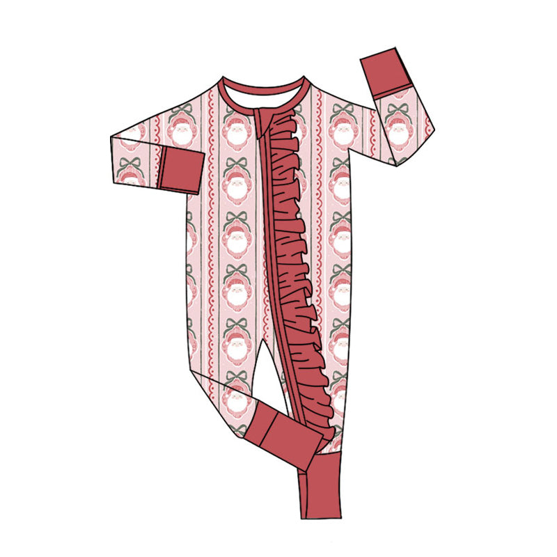 Preorder(moq 5)Baby Girls Red Bows Santa Stripe Christmas Ruffle Zipper Footie Rompers