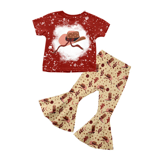 Preorder (moq 5)Baby Girls Red Short Sleeves Hat Top Boots Cactus Bell Bottom Pant Set