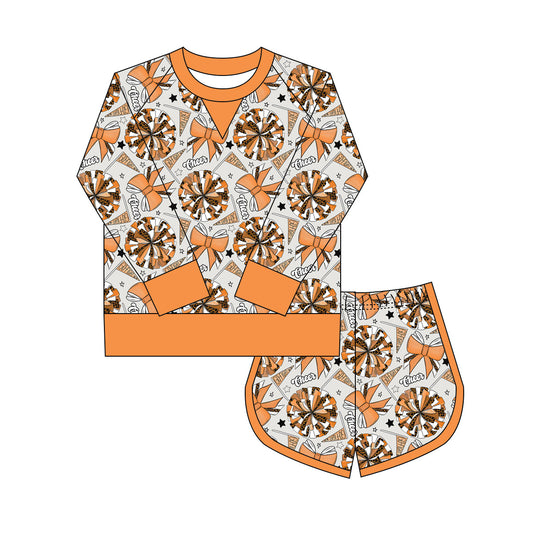 Preorder(moq 8)Baby Girls Orange Bows Go Footballs Long Sleeve Top Shorts Team Clothes Set