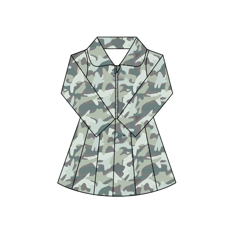 Preorder (moq 5)Baby Girls Long Sleeves Green Ducks Dogs Camo Zipper Knee Length Dresses