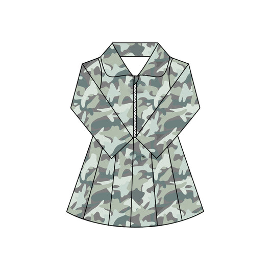 Preorder (moq 5)Baby Girls Long Sleeves Green Ducks Dogs Camo Zipper Knee Length Dresses