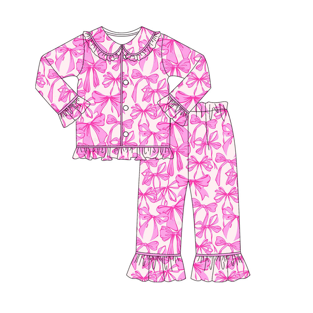 Preorder (moq 5)Baby Girls Hot Pink Bows Button Top Pants Valentine Pajamas Sets