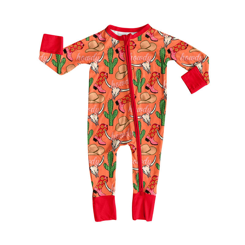 Preorder (moq 8)Baby Girls Hats Boots Cactus Bull Skulls Western Zipper Footie Rompers