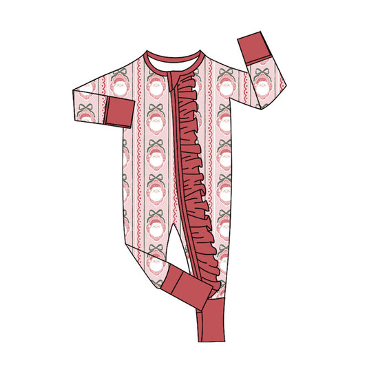 Preorder (moq 20)Baby Girls Bamboo Bows Santa Stripe Christmas Ruffle Zippy Footie Rompers