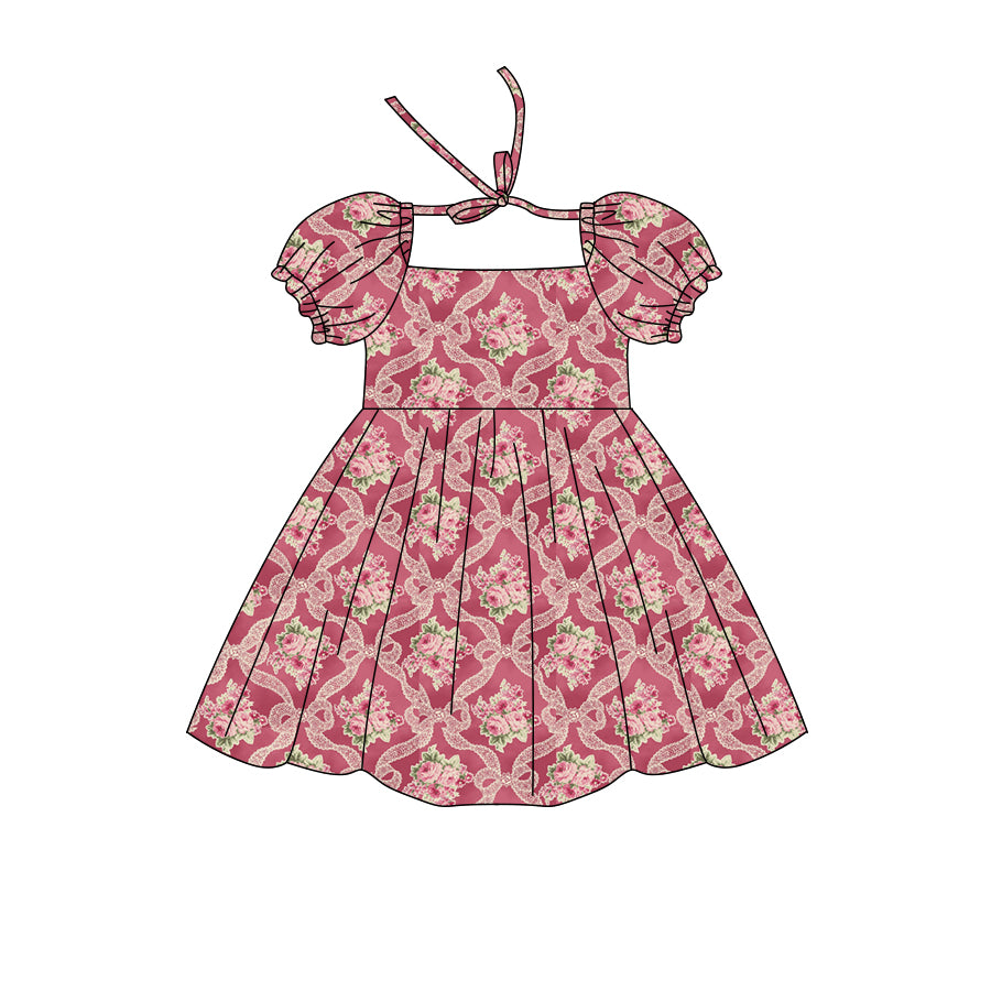 Preorder (moq 5)Baby Girls Short Ruffle Sleeve Flower Bows Checked Knee Length Dresses
