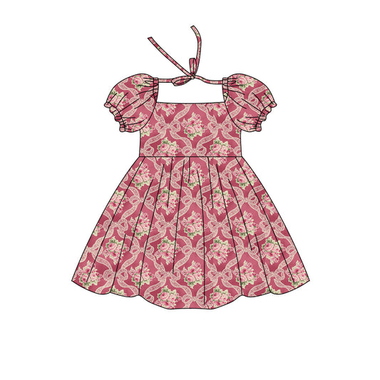 Preorder (moq 5)Baby Girls Short Ruffle Sleeve Flower Bows Checked Knee Length Dresses