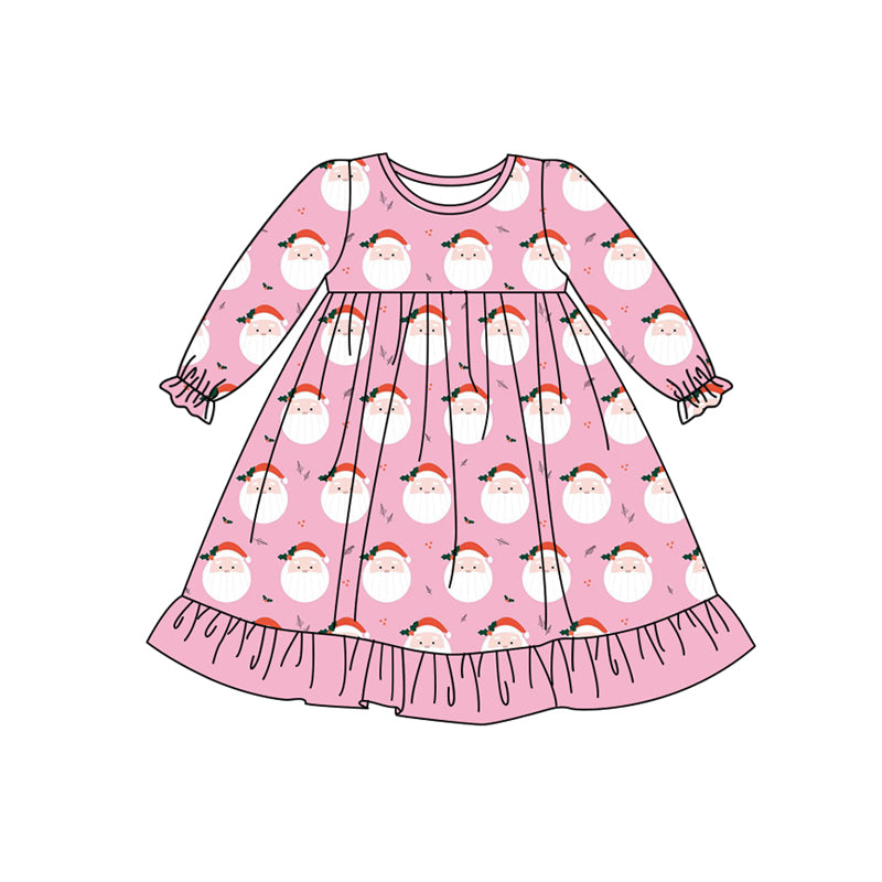 Preorder (moq 5)Baby Girls Pink Long Ruffle Sleeves Santa Plaid Knee Length Dresses