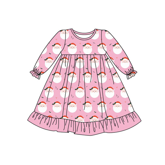 Preorder (moq 5)Baby Girls Pink Long Ruffle Sleeves Santa Plaid Knee Length Dresses