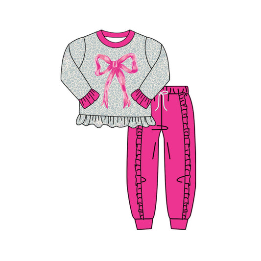 Preorder(moq 8)Baby Girls Floral Pink Bows Ruffle Top Jogger Pants Clothes Sets