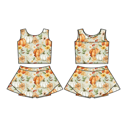 Preorder (moq 5)Baby Girls Sleeveless Flowers Pumpkins Vest Top Skorts Set