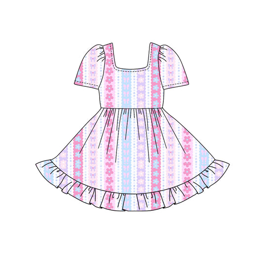 Preorder (moq 5)Baby Girls Short Sleeves Flowers Bows Stripes Ruffle Knee Length Dresses