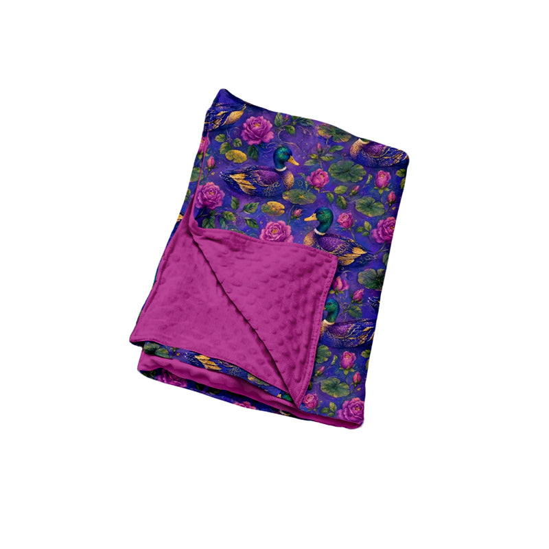Preorder (moq 5) Baby Girl Purple Duck Rose Floral Print Double Layer Minky Dot Baby Blanket