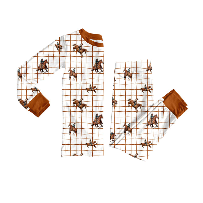 Preorder (moq 5)Baby Boys Brown Checked Horse Rodeos Top Pants Western Pajamas Sets