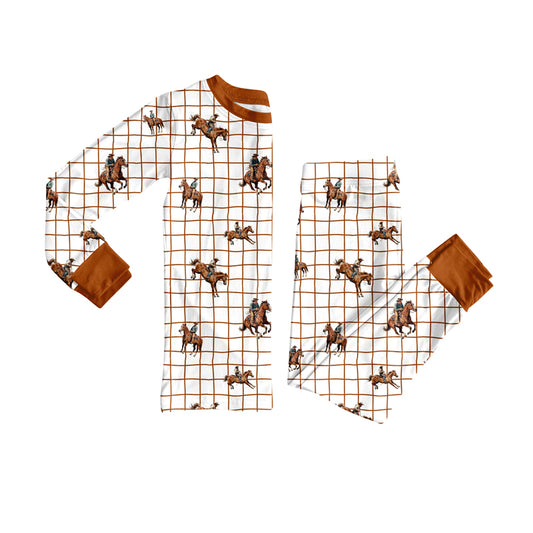Preorder (moq 5)Baby Boys Brown Checked Horse Rodeos Top Pants Western Pajamas Sets