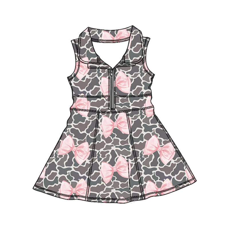 Preorder (moq 5)Baby Girls Southern Grey Camo Bows Zipper Knee Length Dresses
