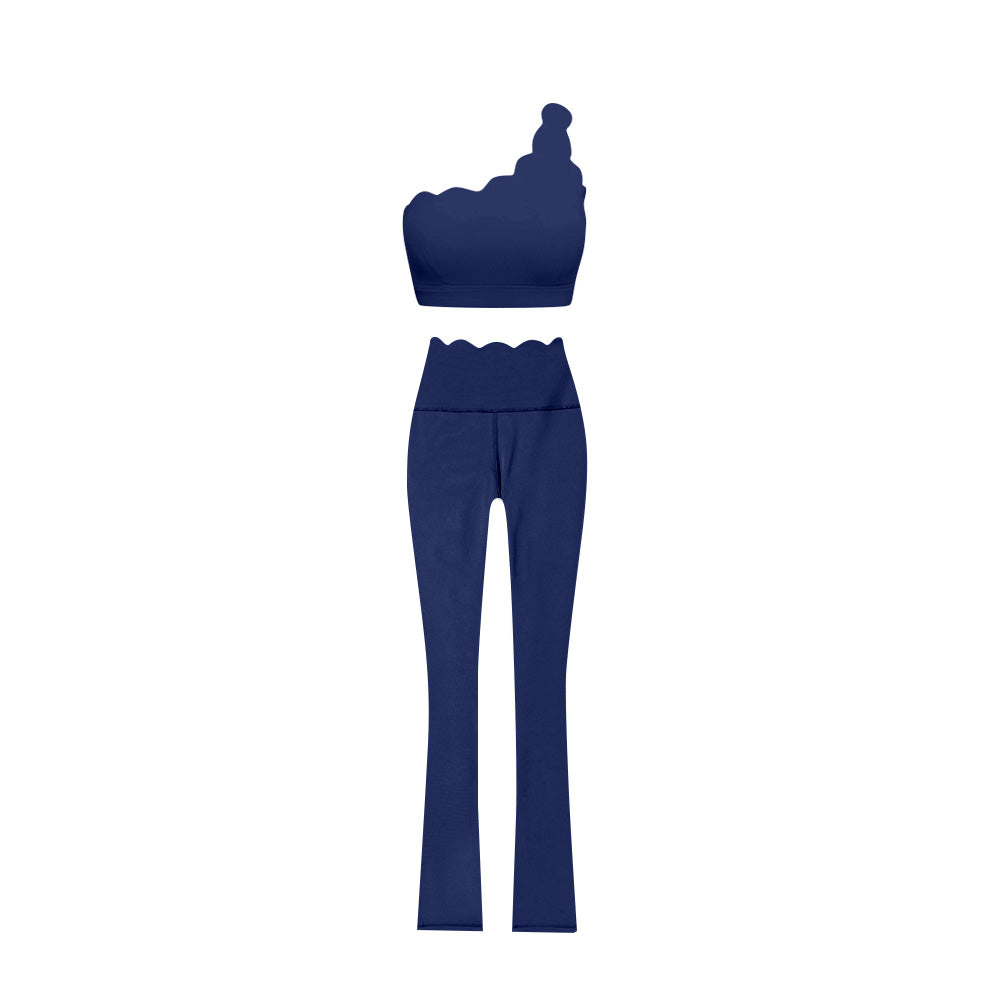 Preorder (moq 5)Baby Girls Navy One Shoulder Scallop Top Bell Bottom Pants Yoga Sets