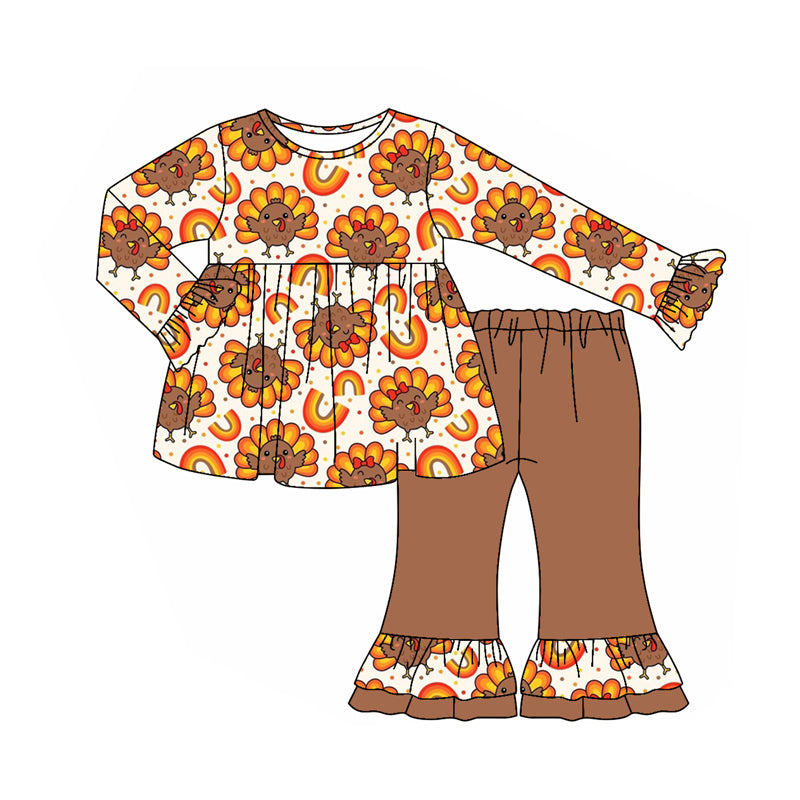 Preorder (moq 5)Baby Girls Long Sleeves Turkey Rainbows Plaid Tunic Ruffle Pants Set