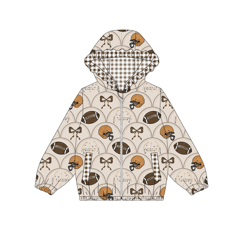Preorder (moq 5)Baby Girls Footballs Bows Pockets Zipper Team Ruffle Hoodies Top