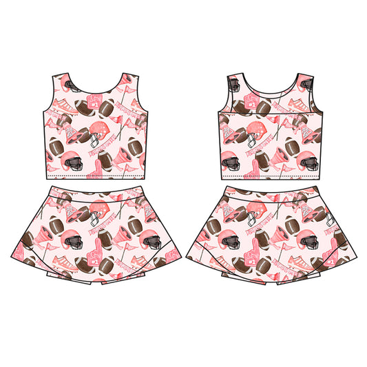 Preorder (moq 5)Baby Girls Pink Sleeveless Football Flags Top Skort Yoga Active Set