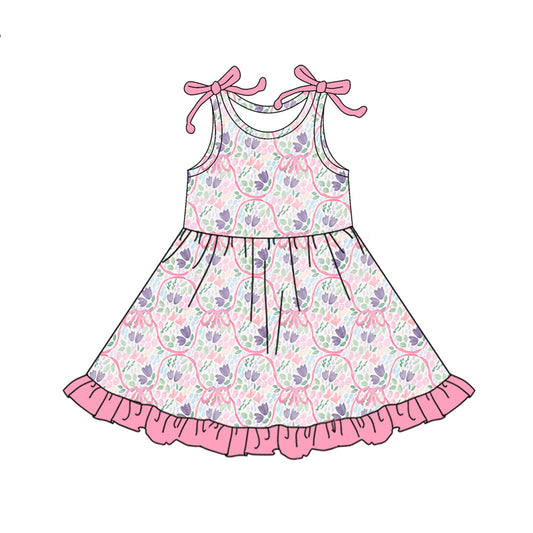 Preorder (moq 5)Baby Girls Bows Sleeveless Pink Lavender Floral Ruffle Knee Length Dresses