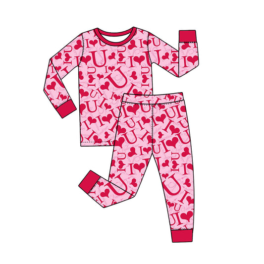 Preorder (moq 5) Baby Girl Clothes Valentine Red Letter Heart All Over Print Long Sleeve Pajama Set