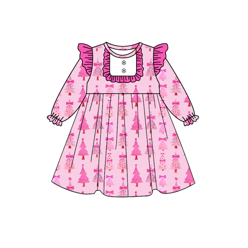 Preorder (moq 5)Baby Girls Christmas Pink Trees Knee Length Dresses