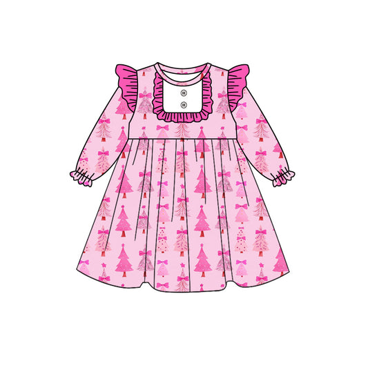 Preorder (moq 5)Baby Girls Christmas Pink Trees Knee Length Dresses
