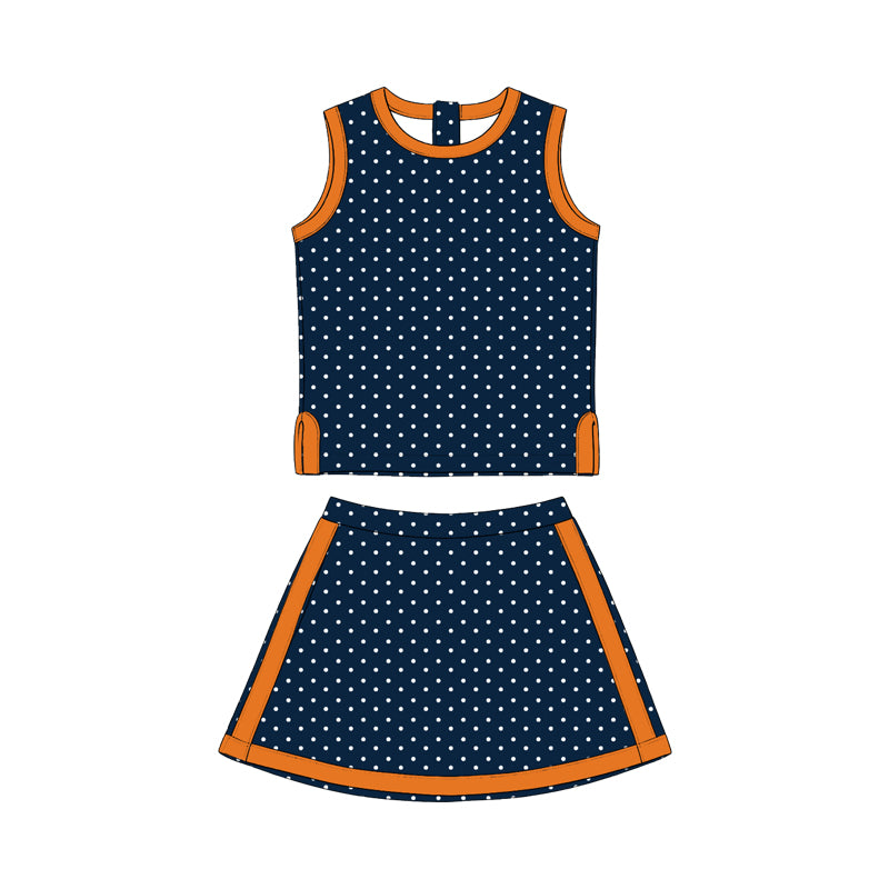 Preorder (moq 5) Girls Blue & White Polka Dot Color-Block Sleeveless Tank Top & Skirt 2-Piece Set