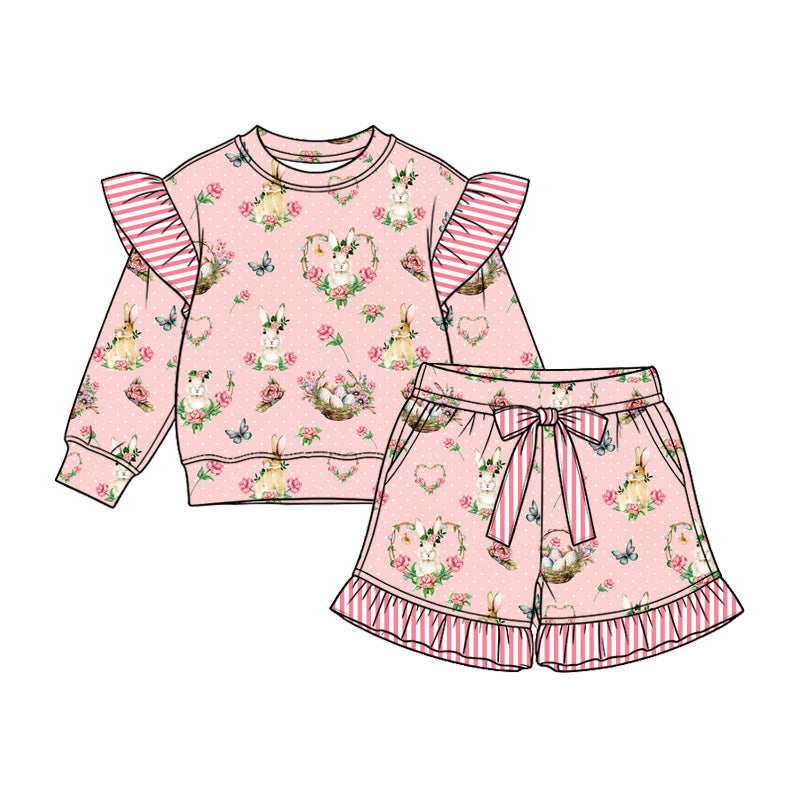 Preorder (moq 5) Baby Girl Clothes Easter Bunny Floral Butterfly Polka Dot Print Long Sleeve Ruffle Top Ruffle Shorts Outfit Set