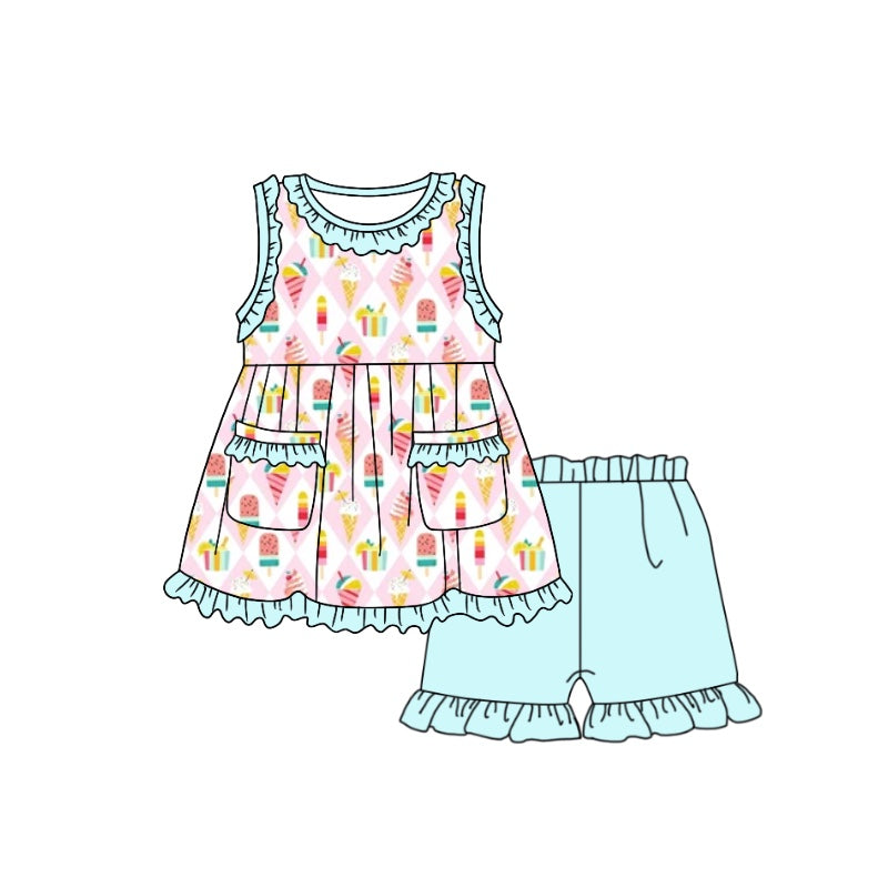 Baby Girls Popsicle Pockets Ruffle Tunic Top Ruffle Shorts Clothes Sets Preorder(moq 5)