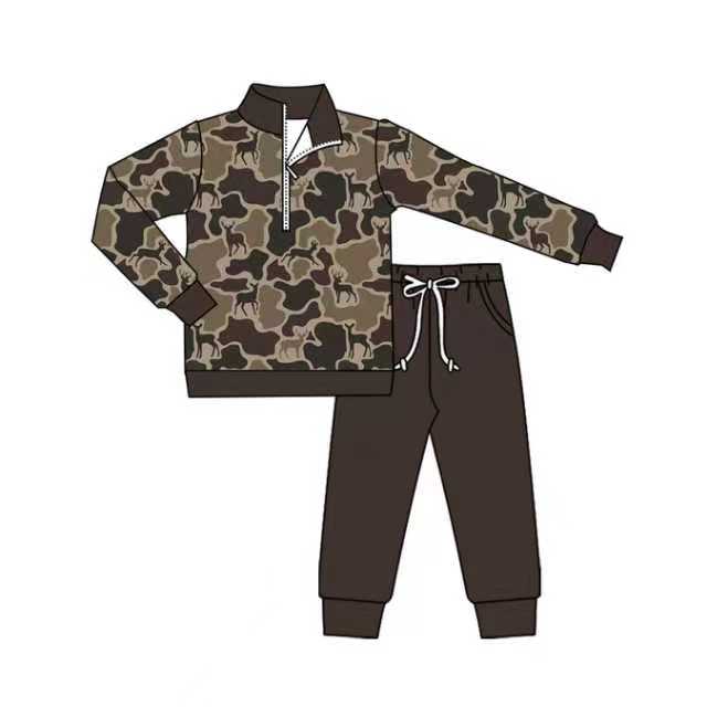 Preorder (moq 5)Baby Boys Dark Brown Deer Camo Zipper Pullover Pockets Jogger Western Clothes Sets