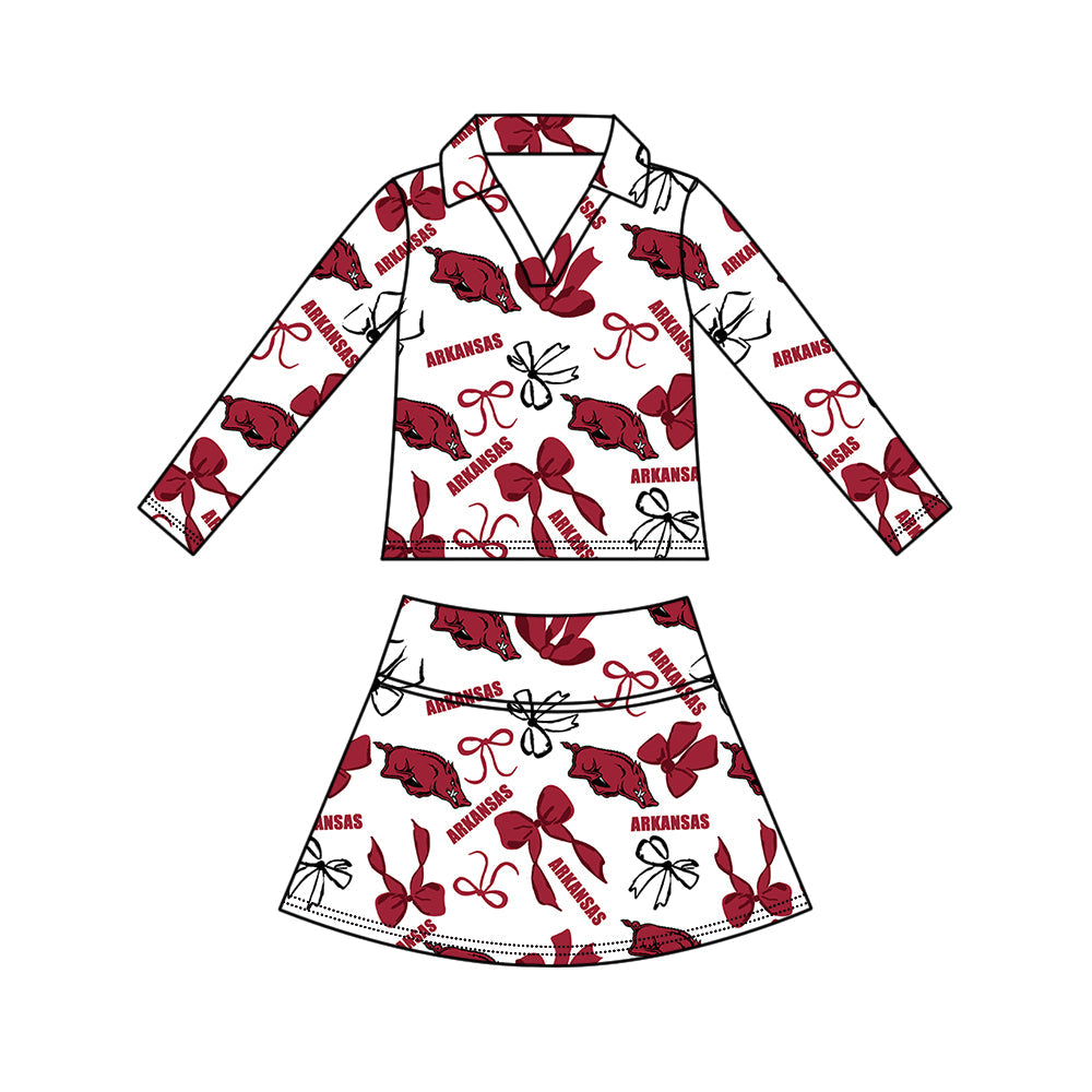 Preorder (moq 5)Baby Girls Bows Arkansas Top Skirt Short Team Clothes Set