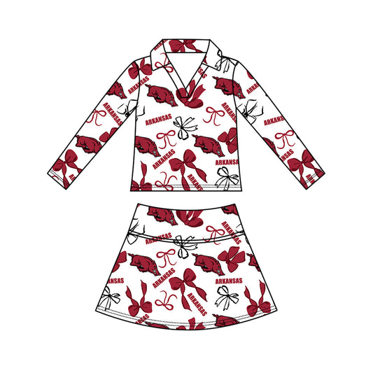 Preorder (moq 5)Baby Girls Bows Arkansas Top Skirt Short Team Clothes Set