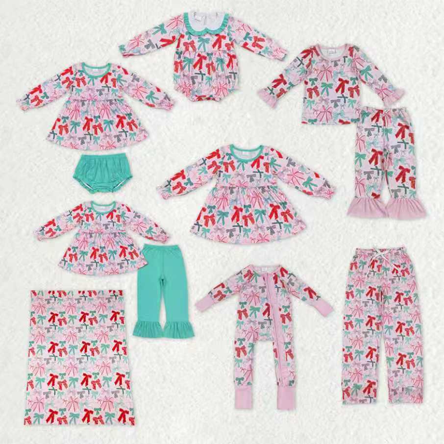 Family Colorful Bows Adult Women Pants Baby Girls Pajamas Clothes Sets Rompers Blankets