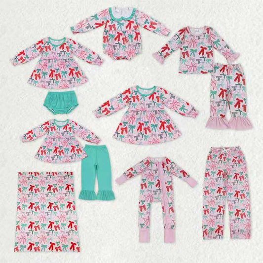 Family Colorful Bows Adult Women Pants Baby Girls Pajamas Clothes Sets Rompers Blankets