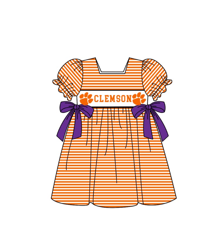 Preorder (moq 5)Baby Girls Short Ruffle Sleeve Orange Stripe Clemson Team Knee Length Dress