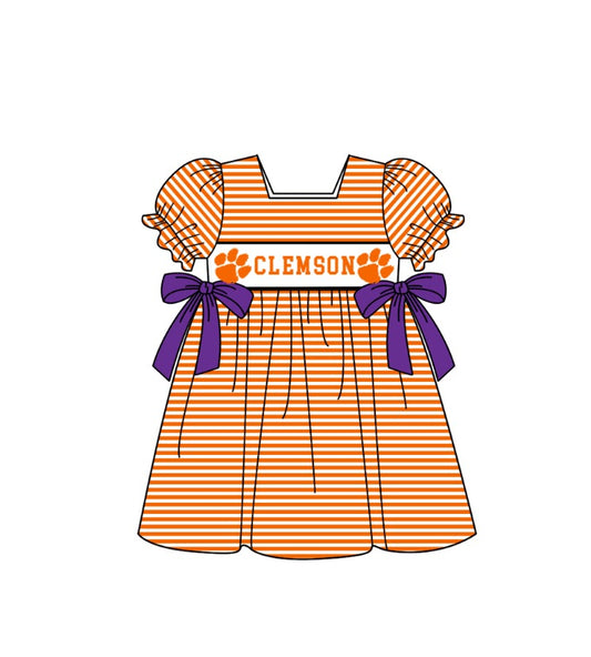 Preorder (moq 5)Baby Girls Short Ruffle Sleeve Orange Stripe Clemson Team Knee Length Dress