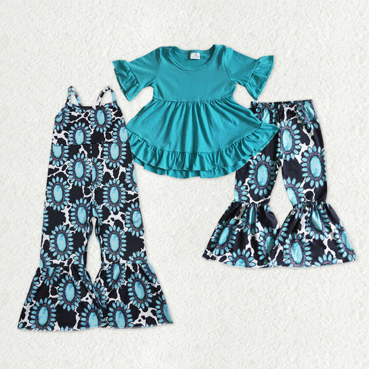 Sibling Baby Girls Aqua Ruffle Tunic Turquoises Bell Bottom Western Clothes Set Strap Jumpsuits