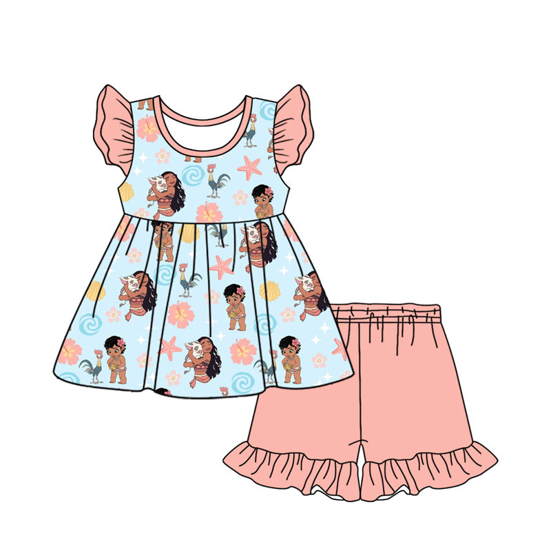 Preorder (moq 5)Baby Girls Princess Island Tunic Top Ruffle Shorts Clothes Sets
