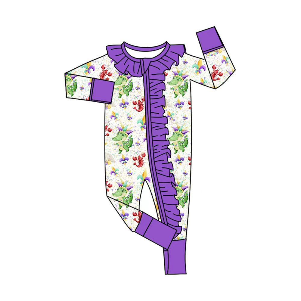 Preorder (moq 20)Baby Girls Bamboo Mradi Gras Crocodiles Crayfishes Ruffle Zippy Footie Rompers