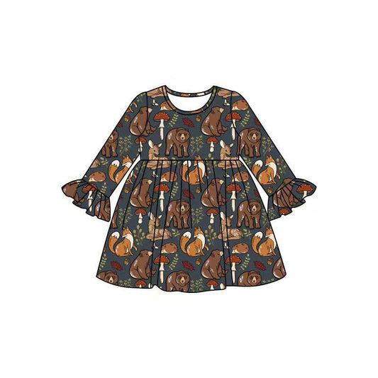 Preorder(moq 5) Baby Girls Fall Forest Animals Long Sleeves Knee Length Dresses