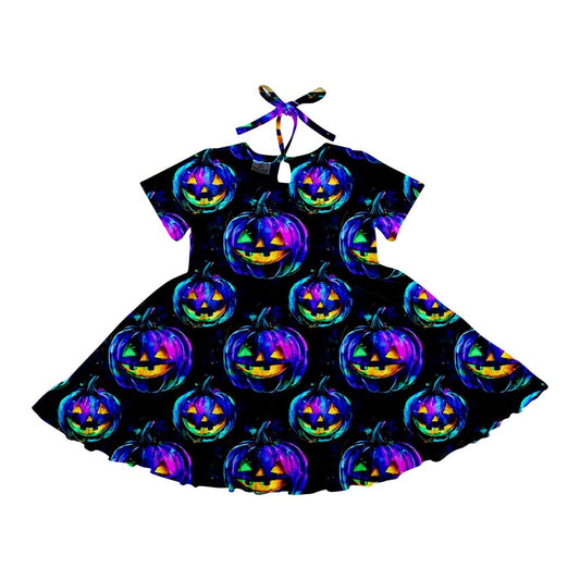 Preorder (moq 5)Baby Girls Halloween Colorful Pumpkins Twirl Knee Length Dresses