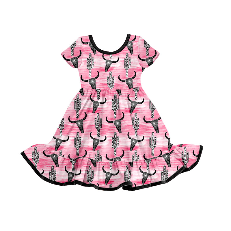 Baby Girls Summer Pink Cactus Cow Ruffle Knee Length Dresses preorder(moq 5)