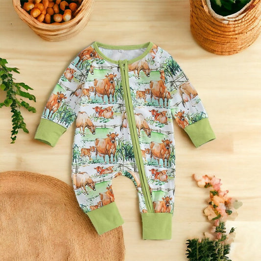 Baby Infant Boys Western Cow Green Zip Rompers preorder(moq 5)