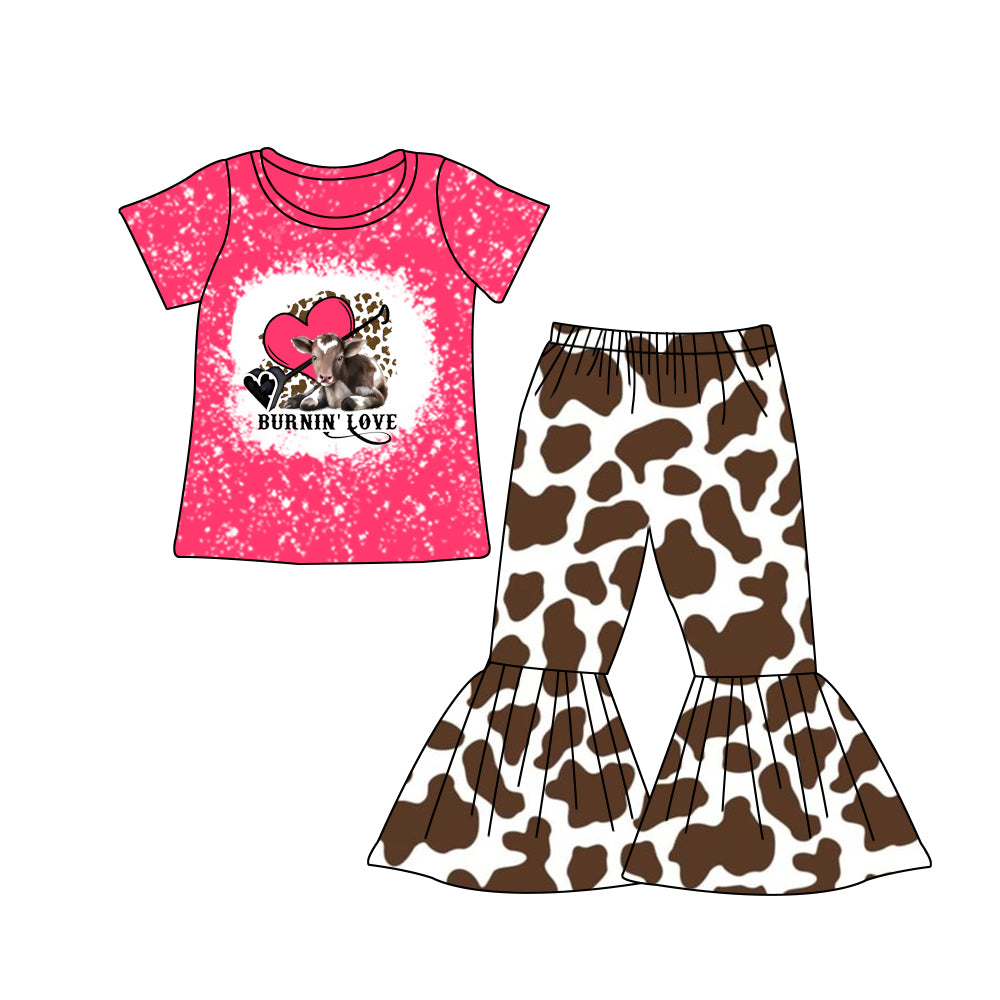 Baby Girls Cow Valentines Top Brown Bell Pants Outfits Clothes Sets preorder(MOQ 5)