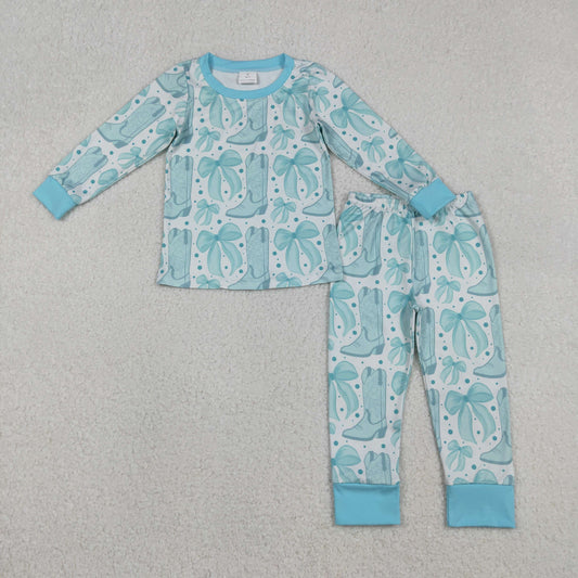 Baby Girls Light Blue Bows Boots Top Pant Western Pajamas Set