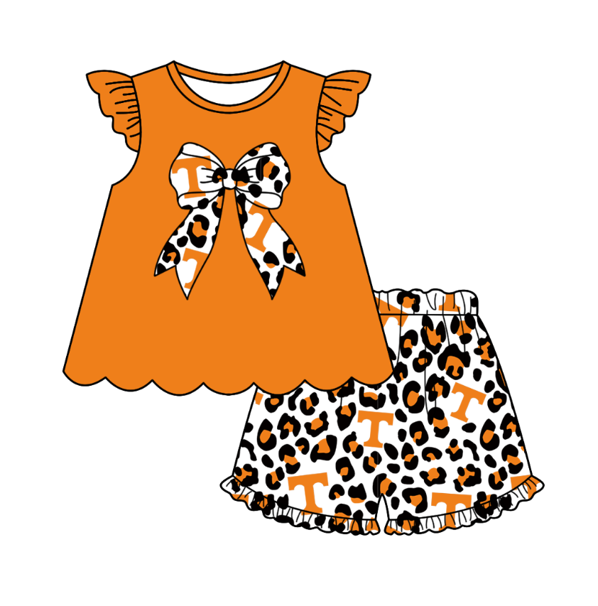 Preorder (moq 5)Baby Girls Tennessee Team Bow Tunic Tops Leopard Shorts Clothes Sets