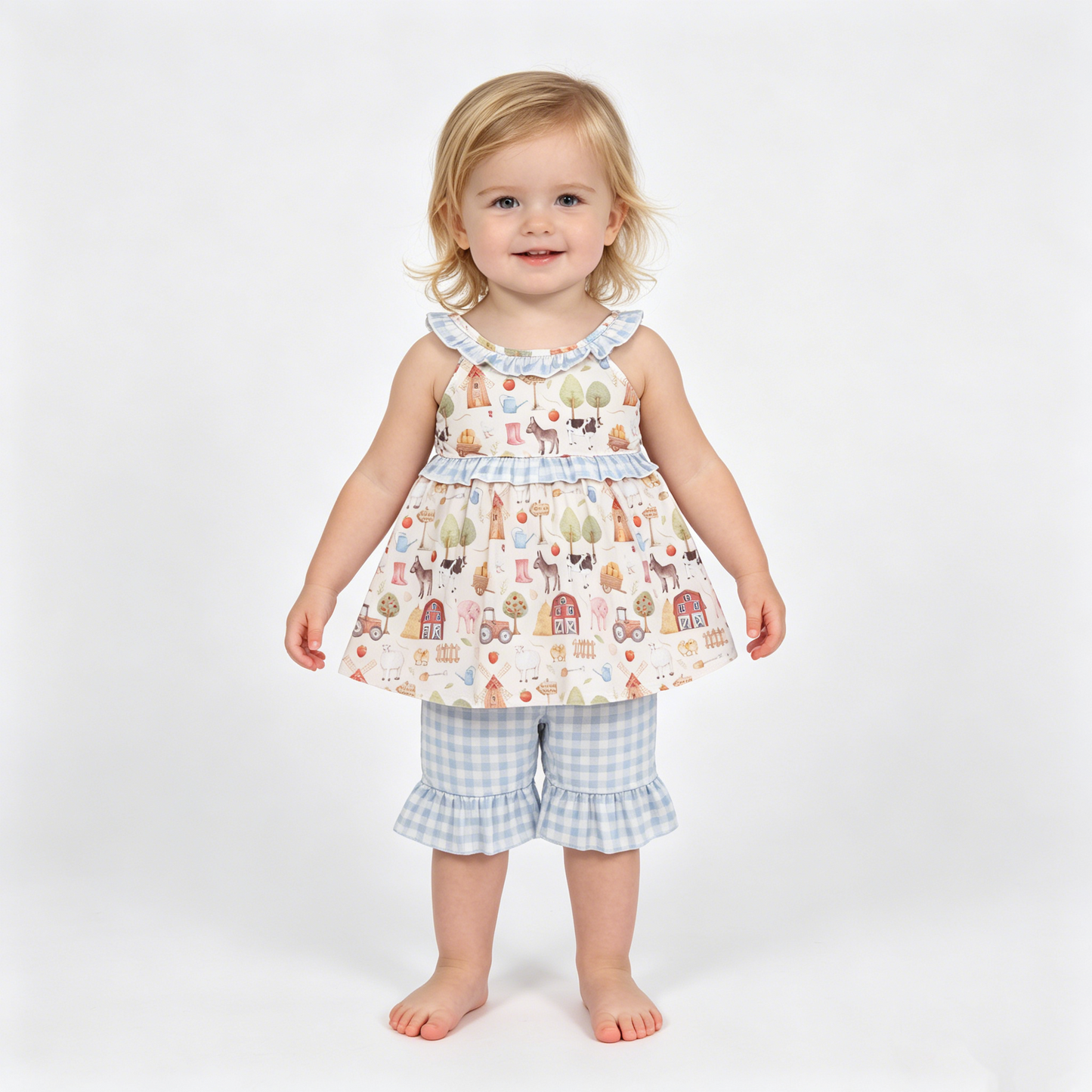Baby Girls Sleeveless Pigs Cows Tunic Ruffle Checked Shorts Farm Clothes Sets