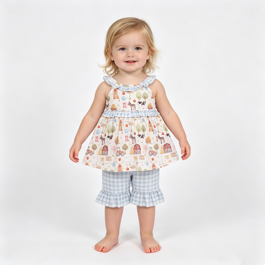 Baby Girls Sleeveless Pigs Cows Tunic Ruffle Checked Shorts Farm Clothes Sets