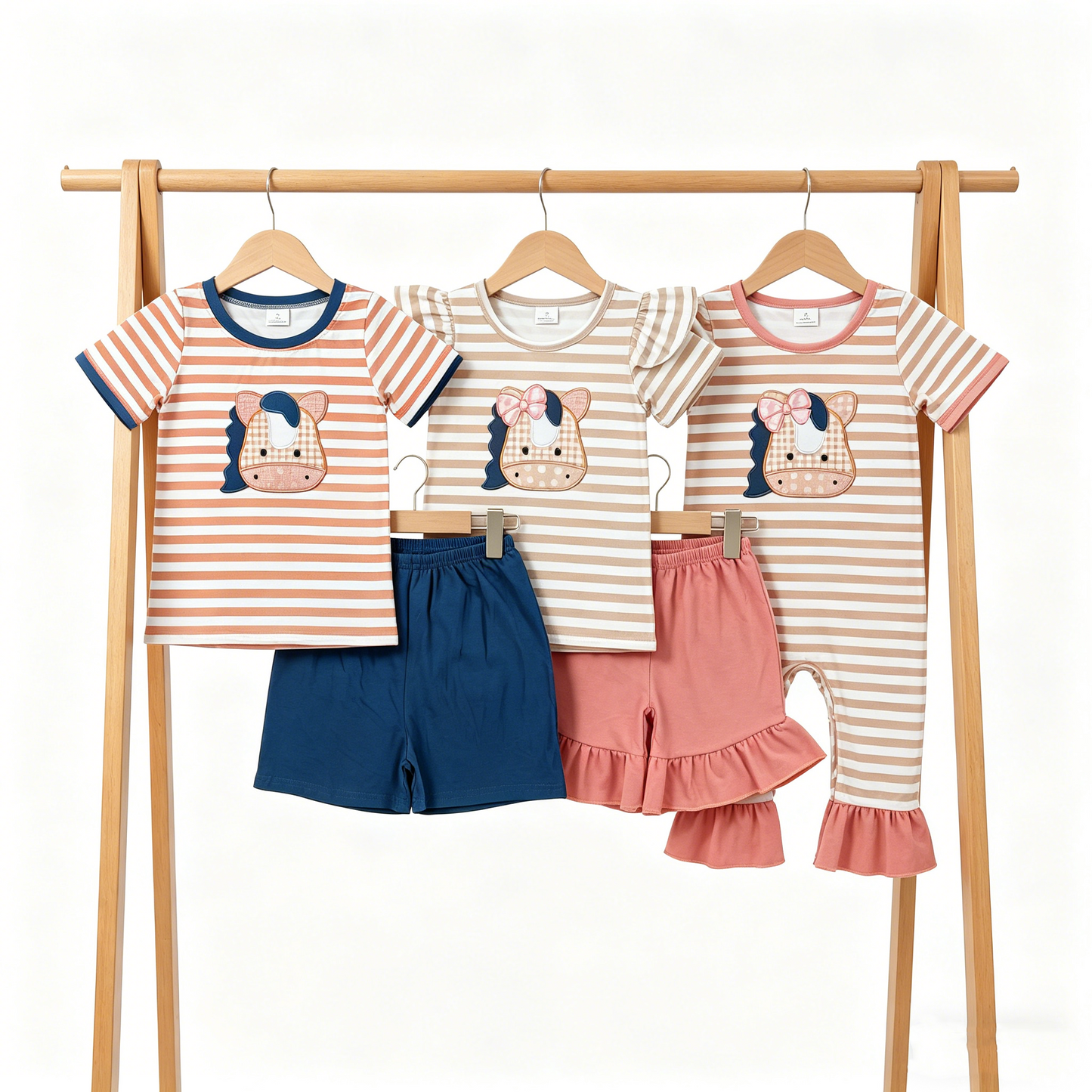 Sibling Baby Boys Girls Embroidery Horses Stripe Top Shorts Farm Clothes Set Rompers